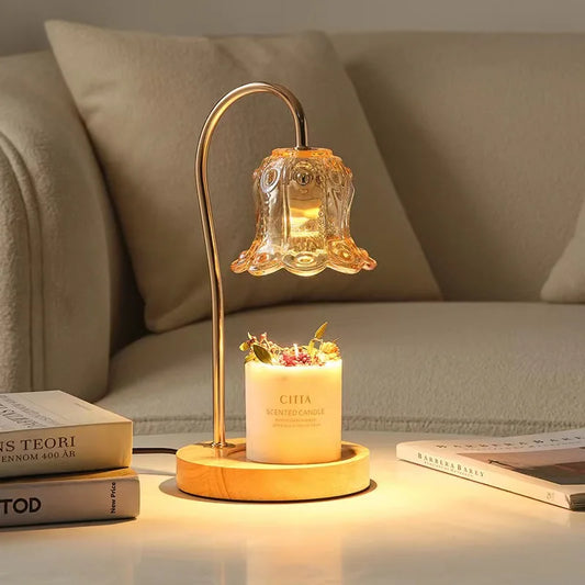 Modern Glass Flower Candle Lamp Warmer Wood Base