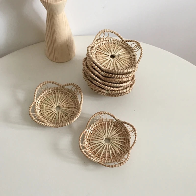 Natural Rattan Woven Floral Shape Cup Coasters