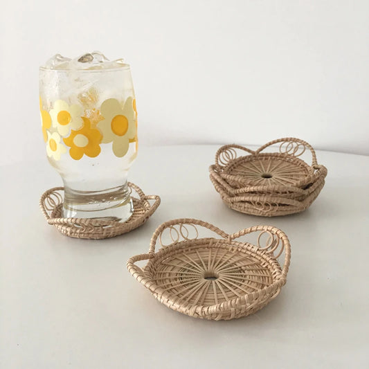 Natural Rattan Woven Floral Shape Cup Coasters