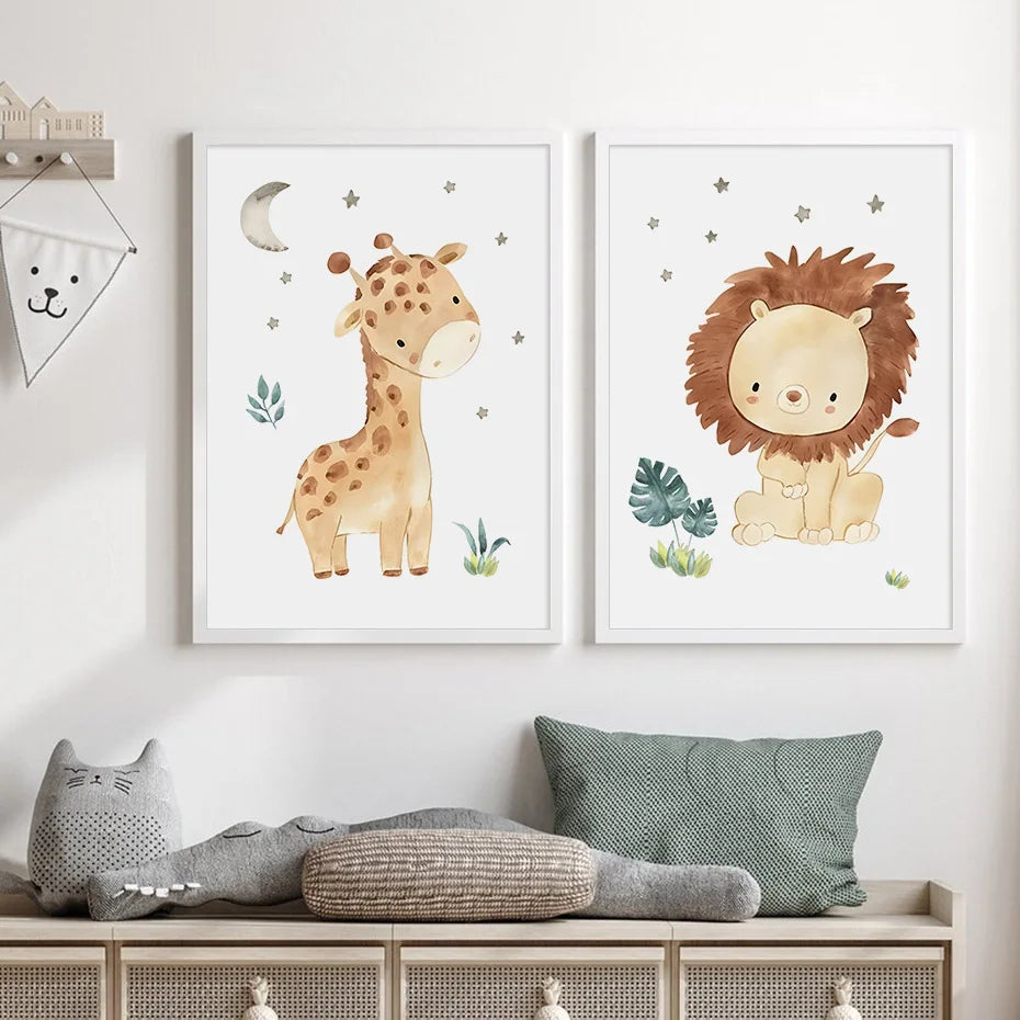 Boho Cartoon Animals Posters Nursery Canvas Painting