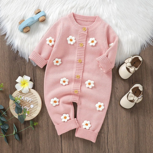 Newborn Baby Knitted Pink Flowers Jumpsuit Rompers