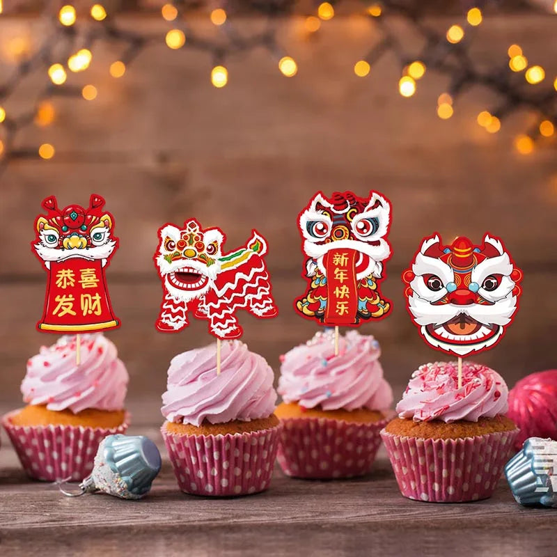 8pcs 2025 Happy Chinese New Year Cake Topper Lion Dance Cake Decoration Spring Festival Christmas Cake Decoration