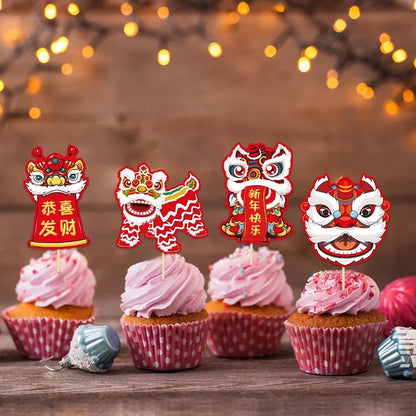 8pcs 2025 Happy Chinese New Year Cake Topper Lion Dance Cake Decoration Spring Festival Christmas Cake Decoration