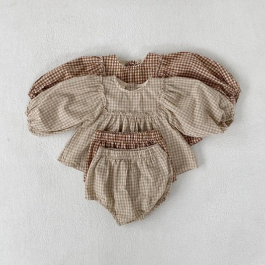 Spring Toddler Cotton Plaid Blouse and Shorts Sets