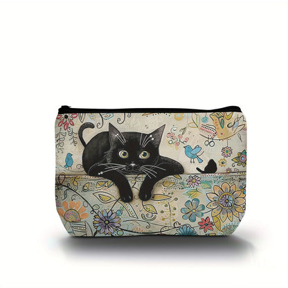 Retro Cat Pattern Zipper Makeup Pouch