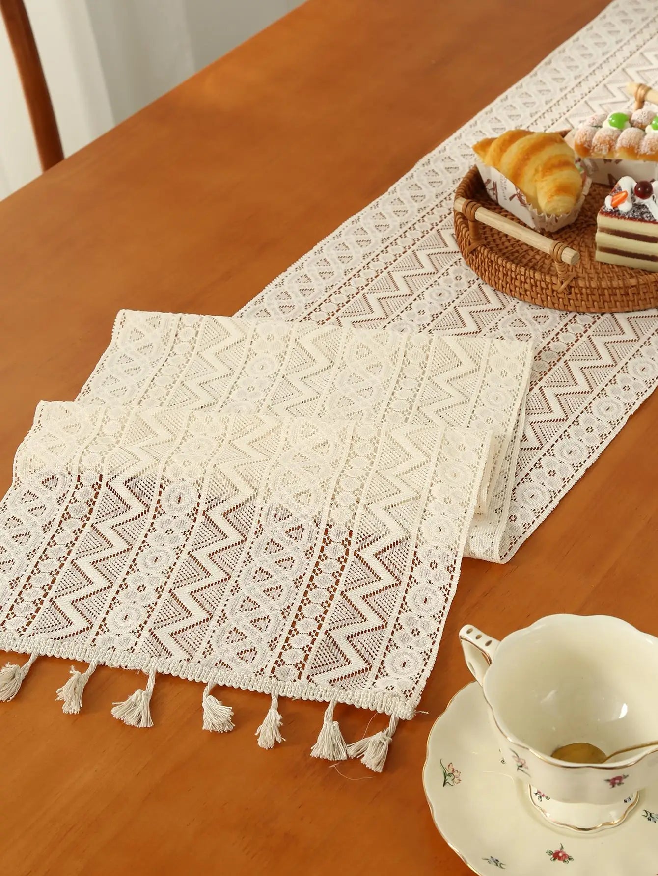 Beige Table Runner Lace Cotton Blended Fabric with Tassel