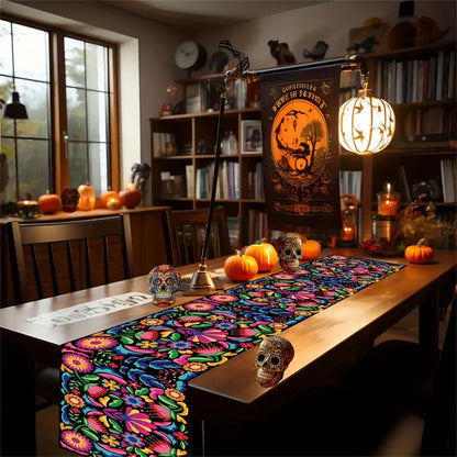 Festive Mexican Style Table Runner, Polyester Vibrant Day Of The Dead Design, Colorful Home & Party Decor