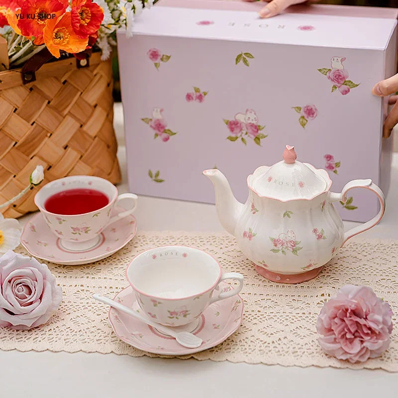 Pink Rose Ceramic Teapot Set