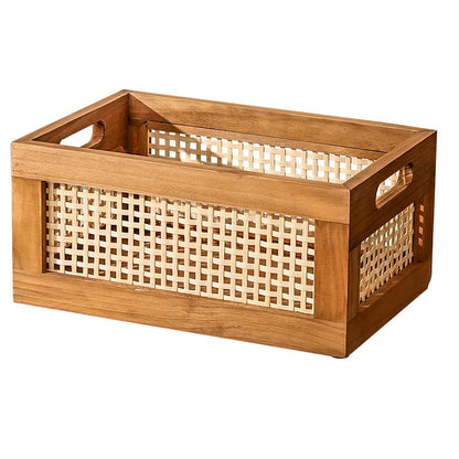 Retro Rattan Basket Wood Storage Box