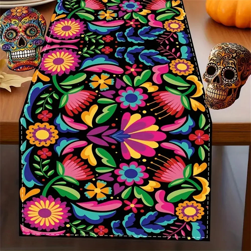 Festive Mexican Style Table Runner, Polyester Vibrant Day Of The Dead Design, Colorful Home & Party Decor