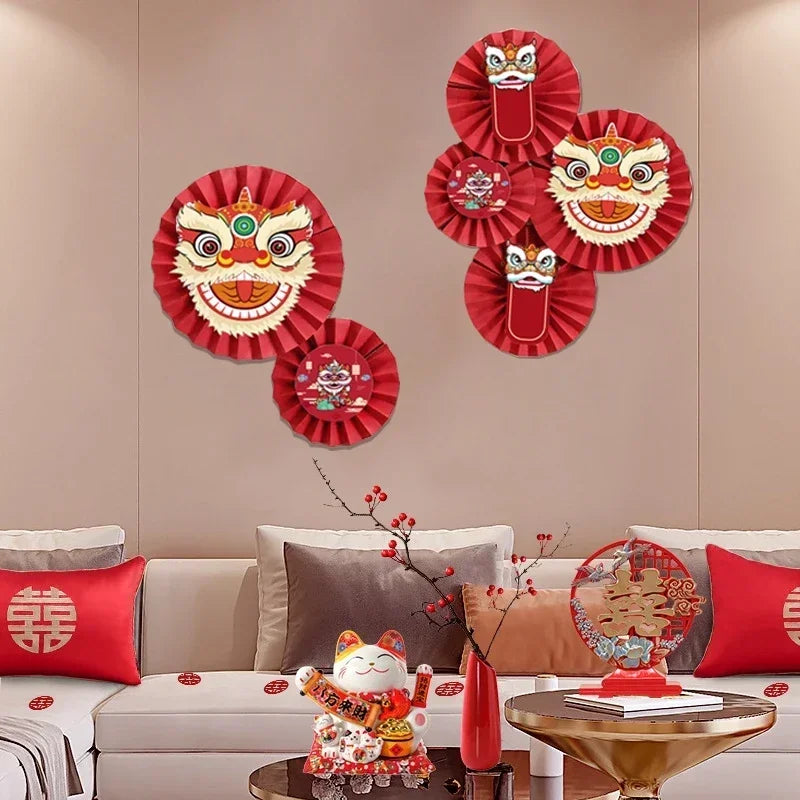 Chinese Style Lion Fan Decor Chinese New Year Decoration Background Wall Decor Hanging Flower Paper Craft Festival Supply