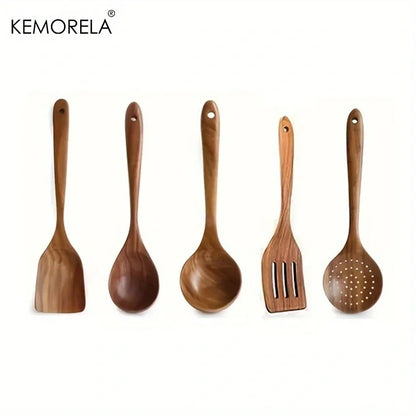 KEMORELA 5 / 6 PCS Thailand Teak Cooking Spoon Natural Wooden Kitchen Tableware Tool