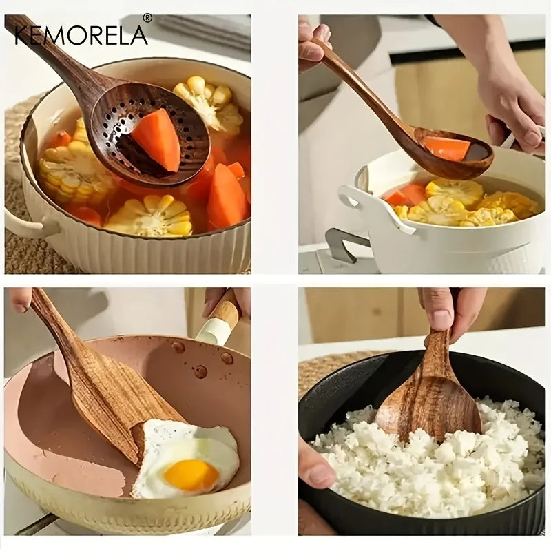 KEMORELA 5 / 6 PCS Thailand Teak Cooking Spoon Natural Wooden Kitchen Tableware Tool