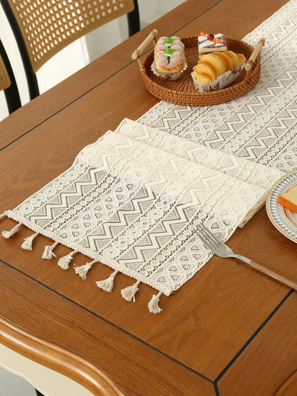 Beige Table Runner Lace Cotton Blended Fabric with Tassel