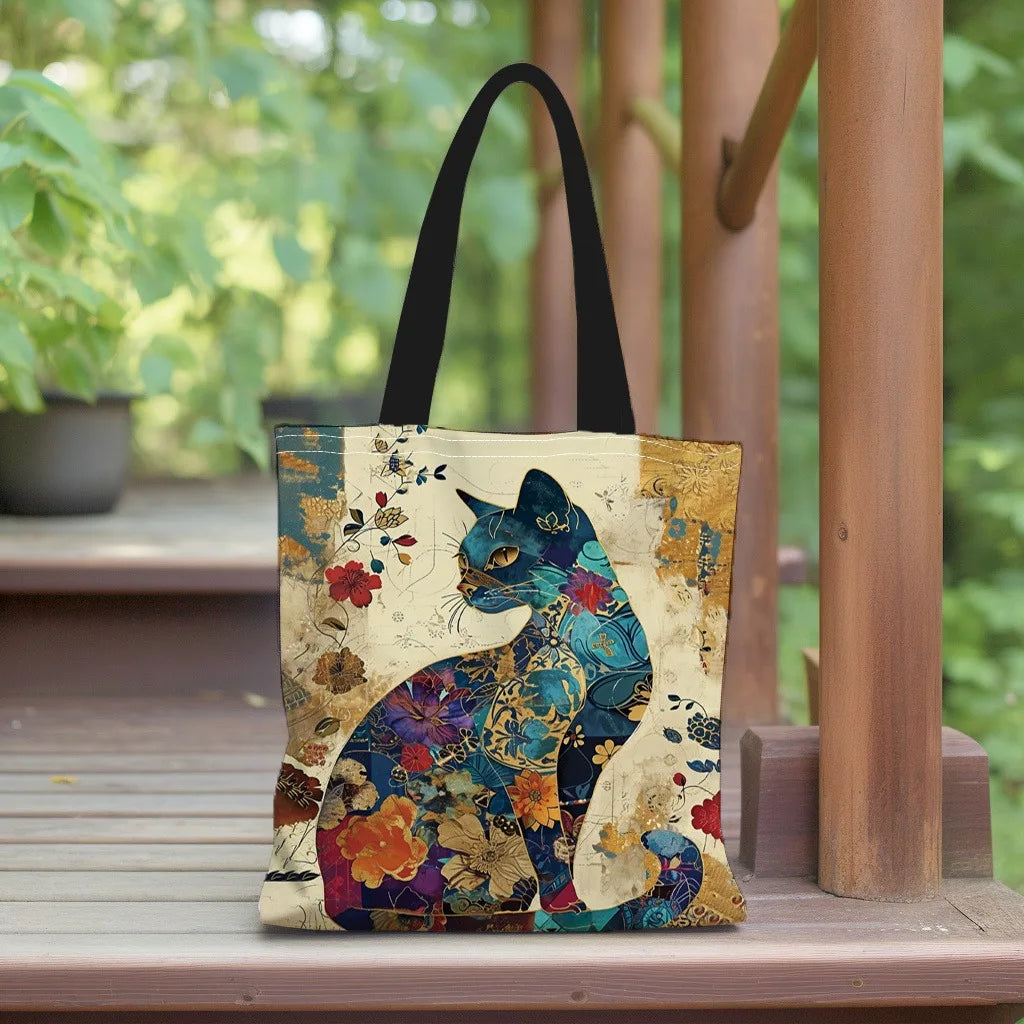 Floral Cat Pattern Canvas Tote Bag