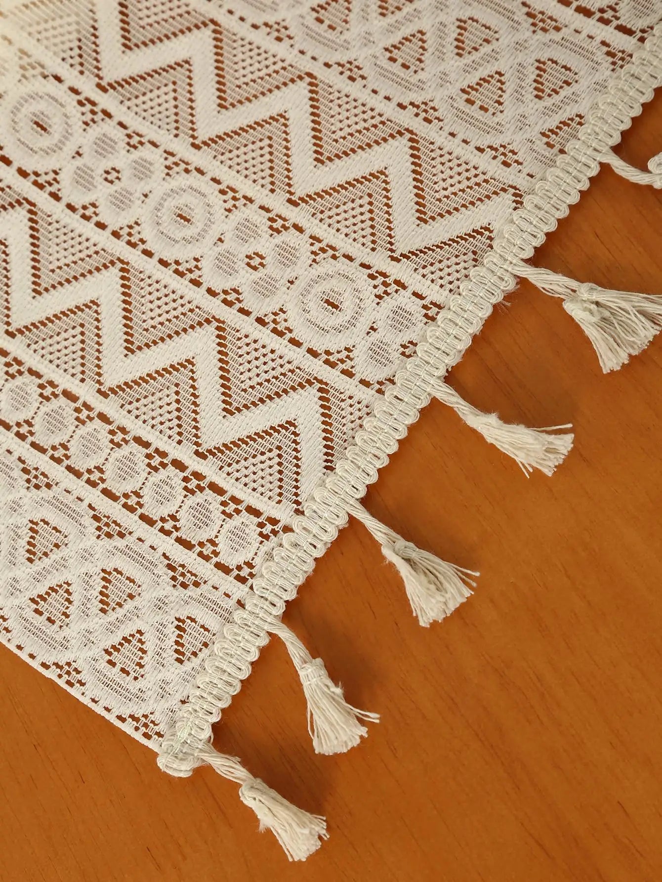 Beige Table Runner Lace Cotton Blended Fabric with Tassel