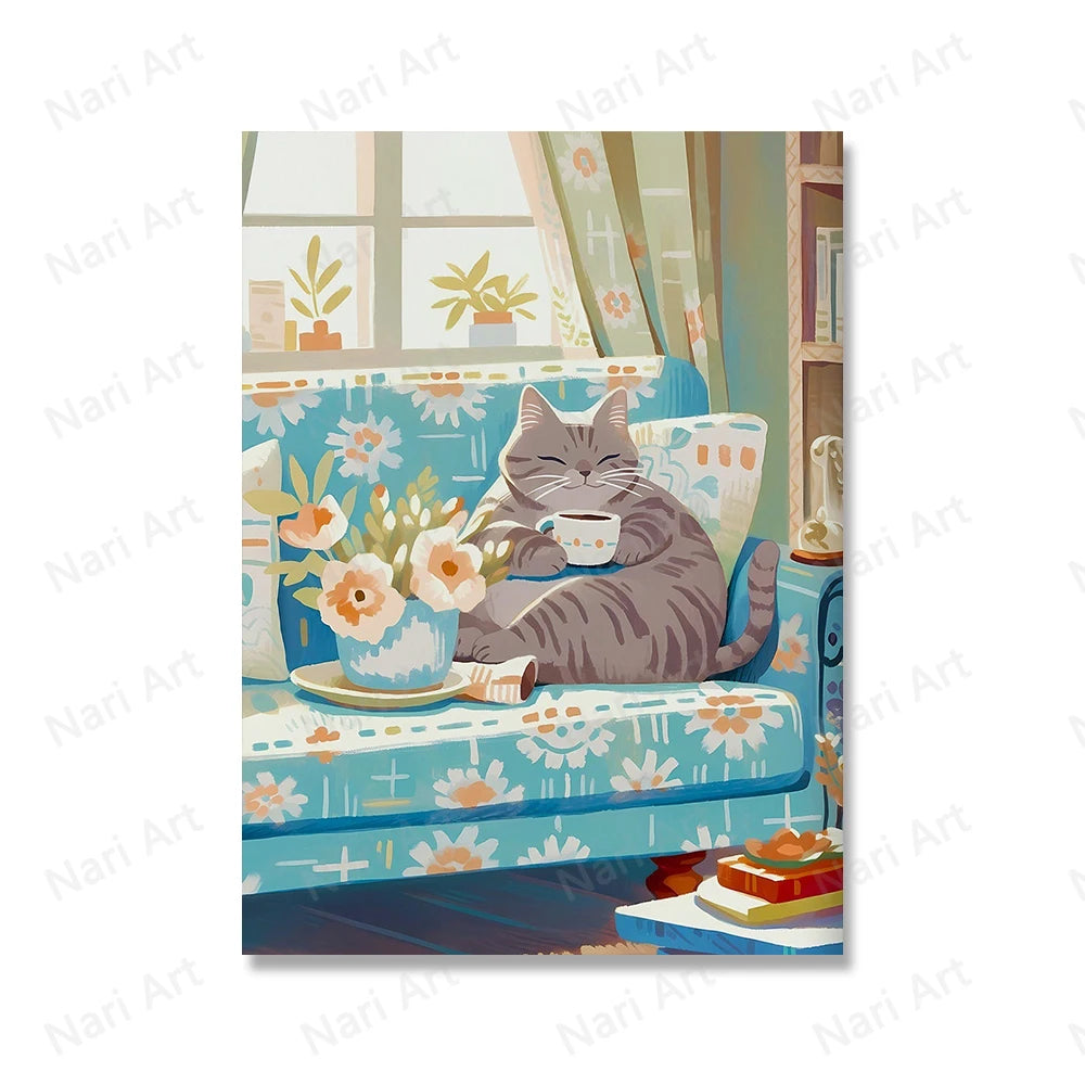 Cute Cats Coffee Drinking Prints Animal Poster