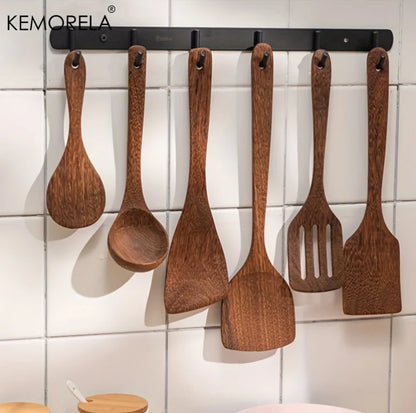 KEMORELA 5 / 6 PCS Thailand Teak Cooking Spoon Natural Wooden Kitchen Tableware Tool