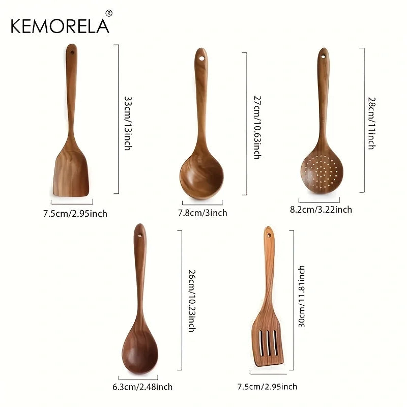 KEMORELA 5 / 6 PCS Thailand Teak Cooking Spoon Natural Wooden Kitchen Tableware Tool