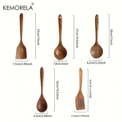 KEMORELA 5 / 6 PCS Thailand Teak Cooking Spoon Natural Wooden Kitchen Tableware Tool