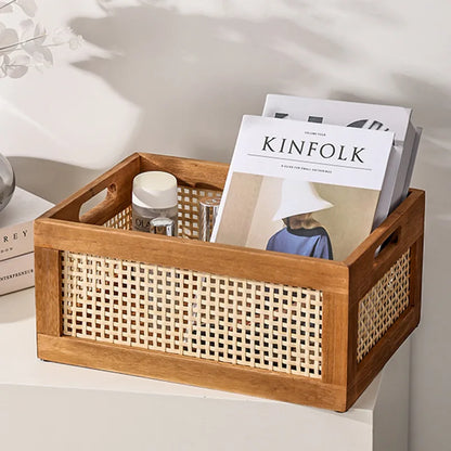 Retro Rattan Basket Wood Storage Box