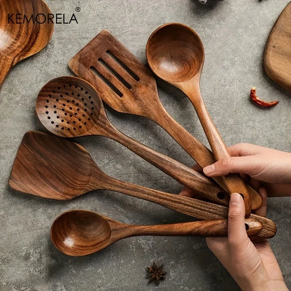 KEMORELA 5 / 6 PCS Thailand Teak Cooking Spoon Natural Wooden Kitchen Tableware Tool