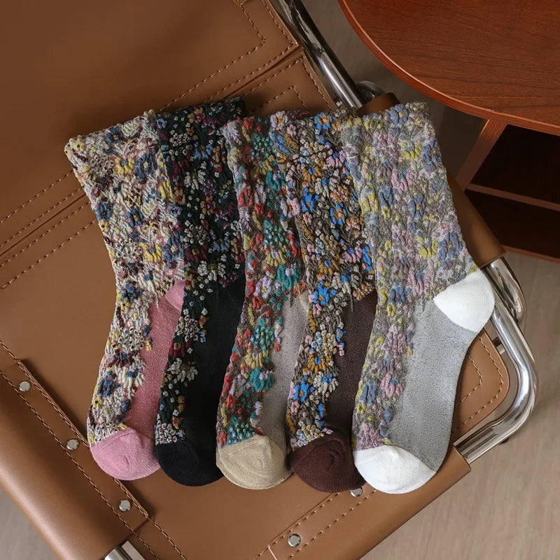 Vintage 3D Flower Embroidery Socks