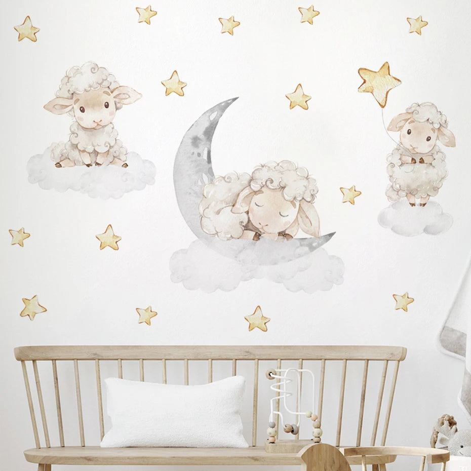 Cartoon Sheep Clouds Stars Moon Nursery Wall Decals Removable DIY Vinyl Wall Stickers Kids Baby Room Interior Home Decoration