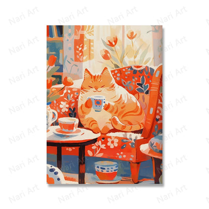 Cute Cats Coffee Drinking Prints Animal Poster