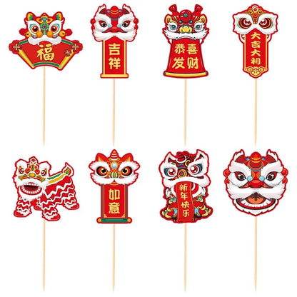 8pcs 2025 Happy Chinese New Year Cake Topper Lion Dance Cake Decoration Spring Festival Christmas Cake Decoration