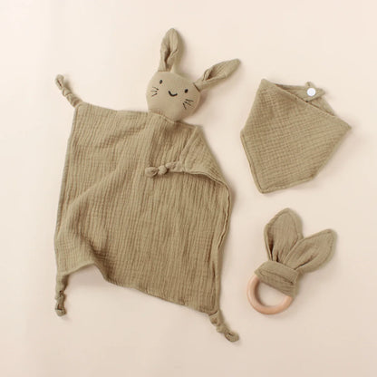 3pcs Cat Square Triangle Bib Rabbit Ear Wooden Ring Baby Towel Set