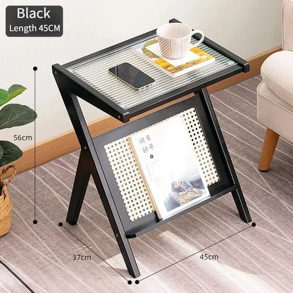 Japanese Style Bamboo Mobile Z Shape Side Table Cabinet With Tempered Glass Top