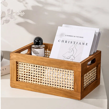 Retro Rattan Basket Wood Storage Box