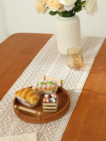 Beige Table Runner Lace Cotton Blended Fabric with Tassel