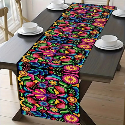 Festive Mexican Style Table Runner, Polyester Vibrant Day Of The Dead Design, Colorful Home & Party Decor