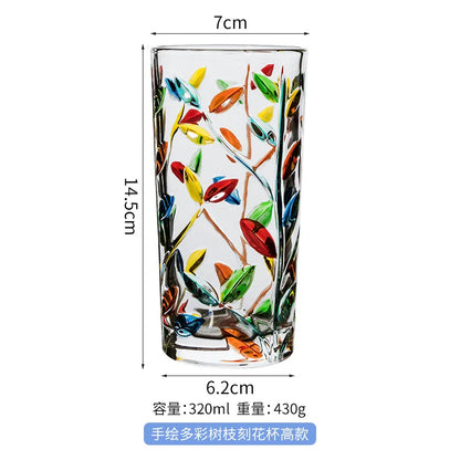 Ins浮雕畫樹枝玻璃雕花水杯