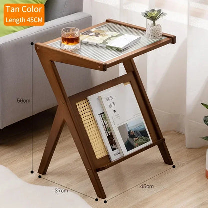 Japanese Style Bamboo Mobile Z Shape Side Table Cabinet With Tempered Glass Top