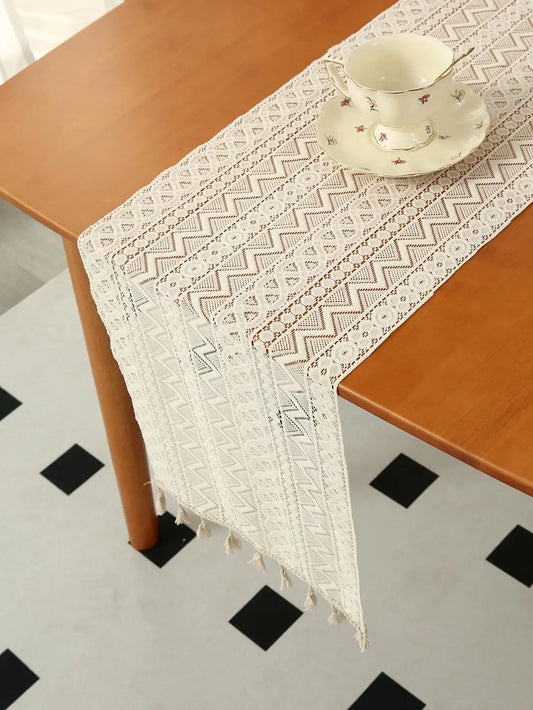 Beige Table Runner Lace Cotton Blended Fabric with Tassel