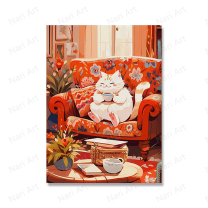 Cute Cats Coffee Drinking Prints Animal Poster