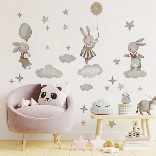 Nordic Boho Rabbit Hot Air Balloon Wall Stickers