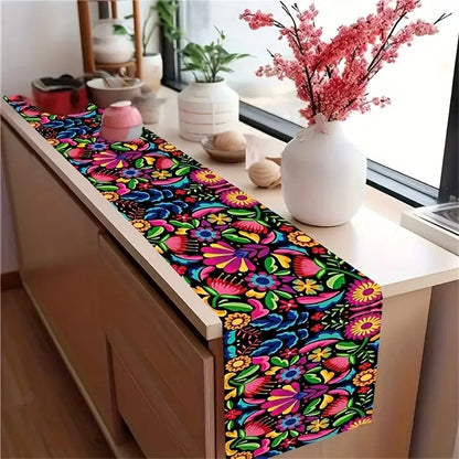 Festive Mexican Style Table Runner, Polyester Vibrant Day Of The Dead Design, Colorful Home & Party Decor