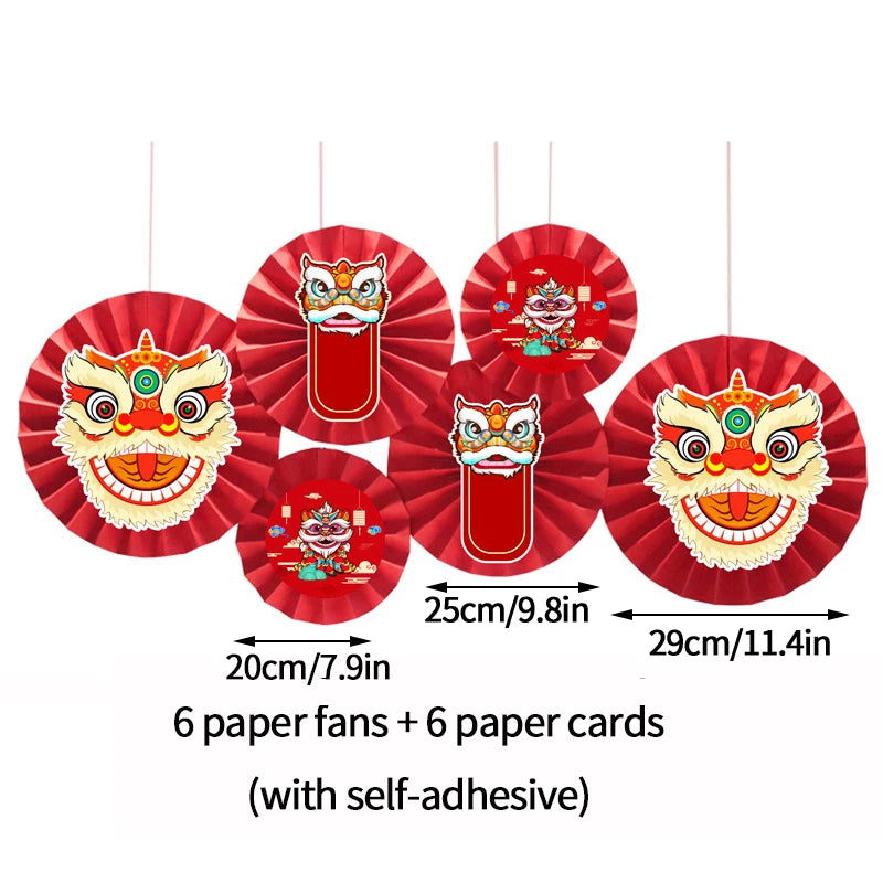 Chinese Style Lion Fan Decor Chinese New Year Decoration Background Wall Decor Hanging Flower Paper Craft Festival Supply