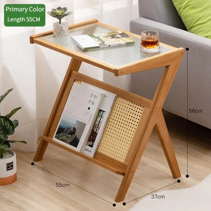 Japanese Style Bamboo Mobile Z Shape Side Table Cabinet With Tempered Glass Top