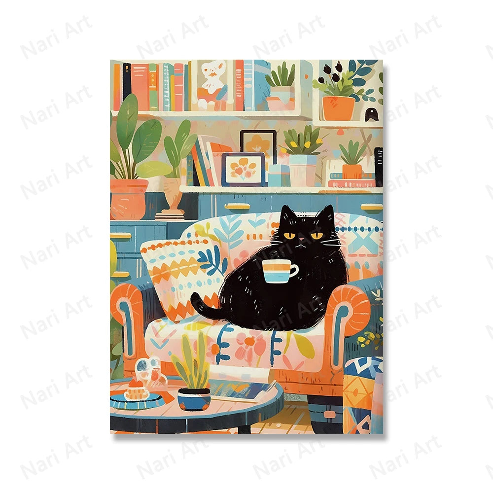 Cute Cats Coffee Drinking Prints Animal Poster