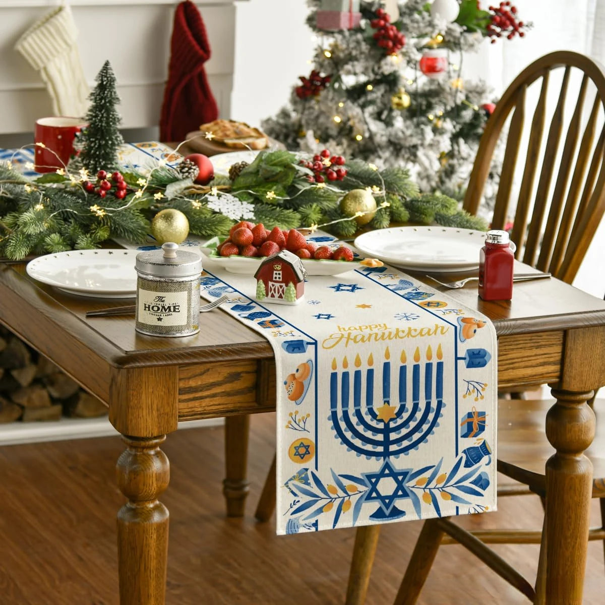 Happy Hanukkah Menorah Linen Table Runner