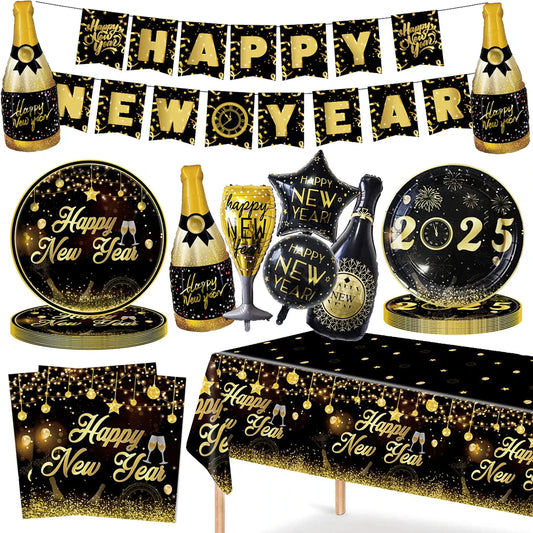 2025 New Years Eve Tableware Black Gold Disposable Plates Cups Napkins Tablecloth Banner Balloon Party Supplies