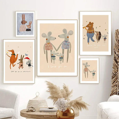 Nordic Mouse Family Rabbit Fox Wall Art Poster