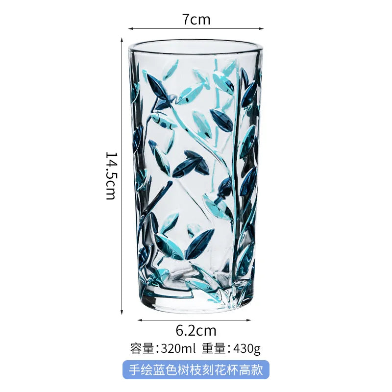 Ins浮雕畫樹枝玻璃雕花水杯