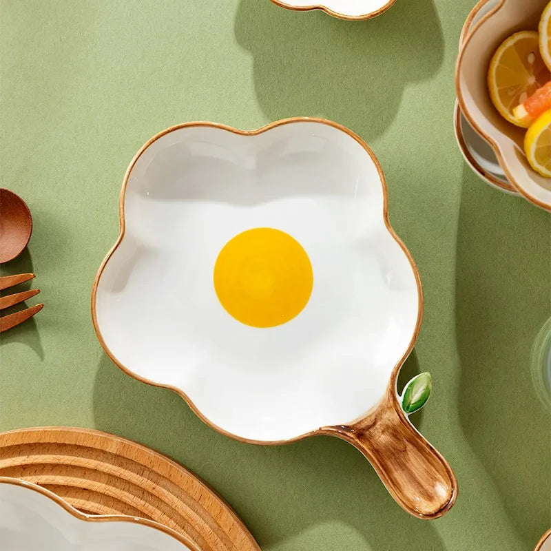 Korean Irregular Ceramic Bowl Gold-plated Egg Plate Cute Tableware Cooking Dishes Salad Pasta Plate Kitchen Utensils Porcelain