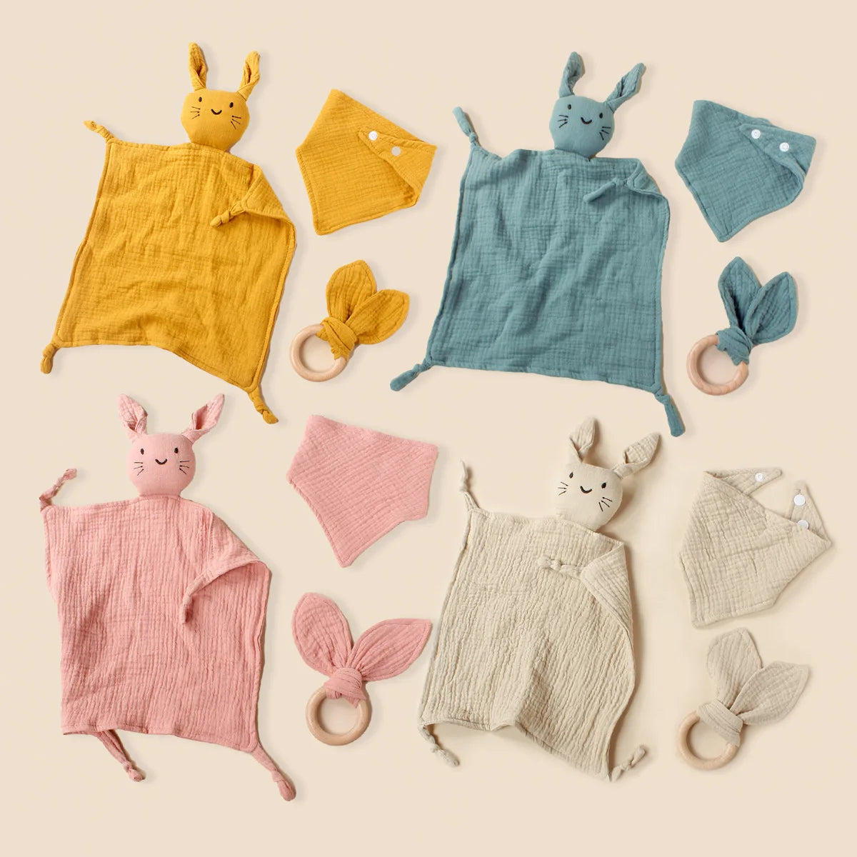 3pcs Cat Square Triangle Bib Rabbit Ear Wooden Ring Baby Towel Set